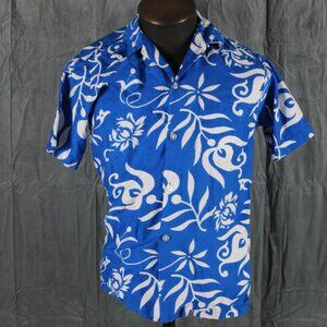 Hawaiian Shirt (VTG) - Blue and White Floral Leaf Pattern Paradis Hawaii - Small